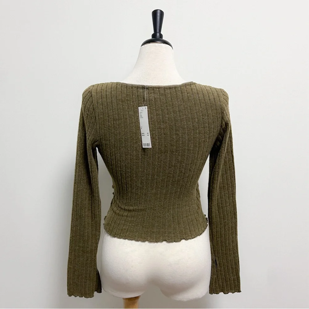 Out From Under Olive Green Lila Ribbed Faux Wrap Brushed V Neck Lounge Top NWT